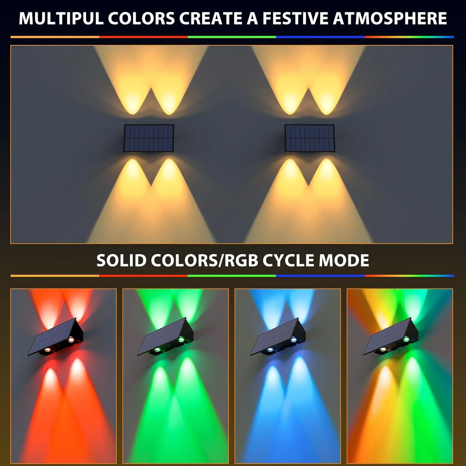 Solar Fence Lights,8 Pack Solar Lights Outdoor Warm White/Red/Blue/Green Up & Down Waterproof 100 Lumens Dusk to Dawn for Wall/Backyard/Pool/Railing/Patio/Porch/Step