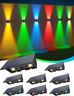 Solar Fence Lights,8 Pack Solar Lights Outdoor Warm White/Red/Blue/Green Up & Down Waterproof 100 Lumens Dusk to Dawn for Wall/Backyard/Pool/Railing/Patio/Porch/Step