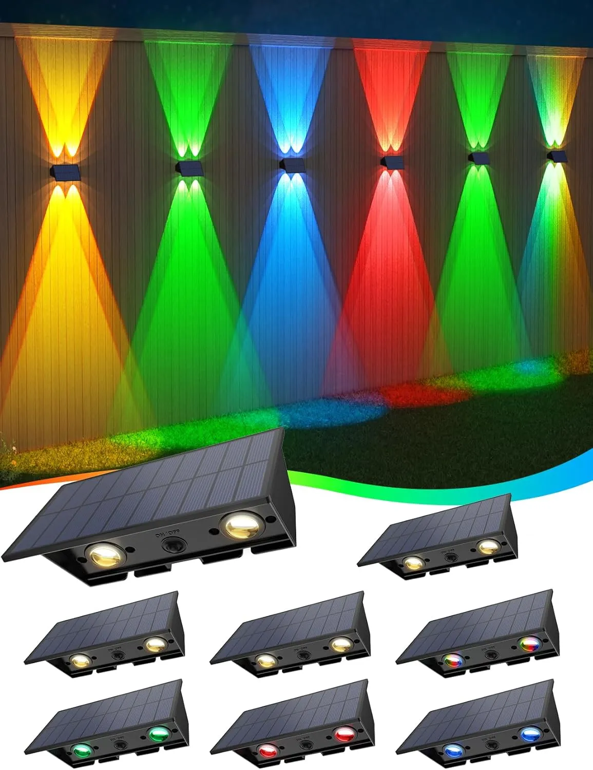 Solar Fence Lights,8 Pack Solar Lights Outdoor Warm White/Red/Blue/Green Up & Down Waterproof 100 Lumens Dusk to Dawn for Wall/Backyard/Pool/Railing/Patio/Porch/Step
