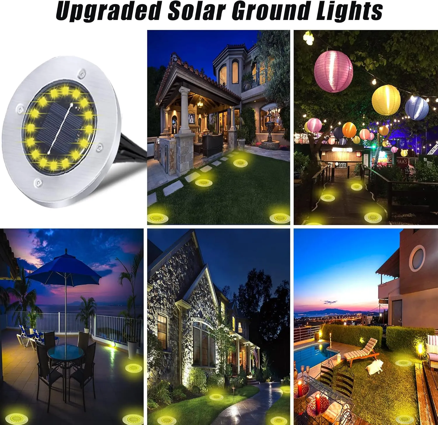 Solar Ground Lights-Waterproof Solar Outdoor Garden- Disk Light-Upgraded 16LED Bright in-Ground Light-Landscape for Pathway, Yard, Lawn, Patio, Walkway (12 Pack Warm Light)