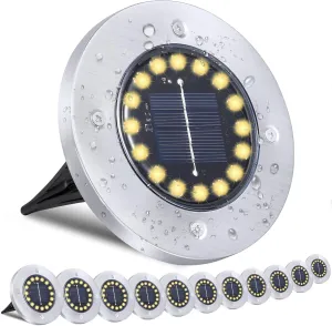 Solar Ground Lights-Waterproof Solar Outdoor Garden- Disk Light-Upgraded 16LED Bright in-Ground Light-Landscape for Pathway, Yard, Lawn, Patio, Walkway (12 Pack Warm Light)