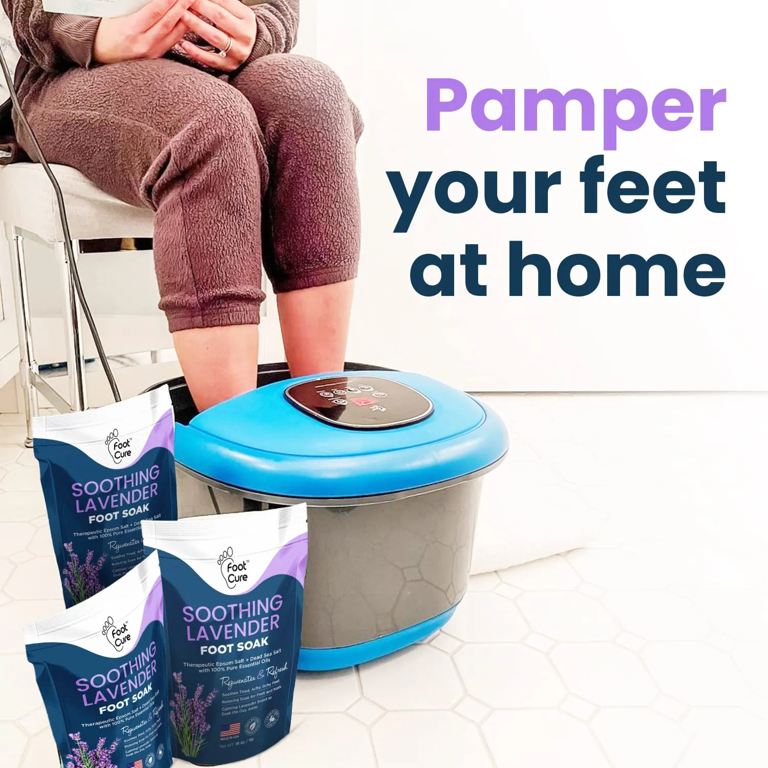 Soothing Lavender Foot Spa with Epsom Salt Bath Soak – Pedicure Foot Soak Tub & Foot Massager Spa – Relaxing Foot Scrubber & Dead Skin Remover – Ionic Foot Bath Detox for Foot Care & Soaking