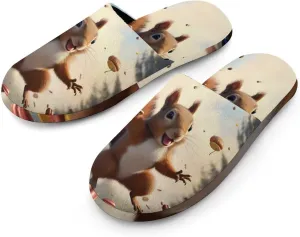 Squirrel Love Walnuts Men's Flannel House Slippers Warm Slip On Home Shoes for Indoor And Outdoor