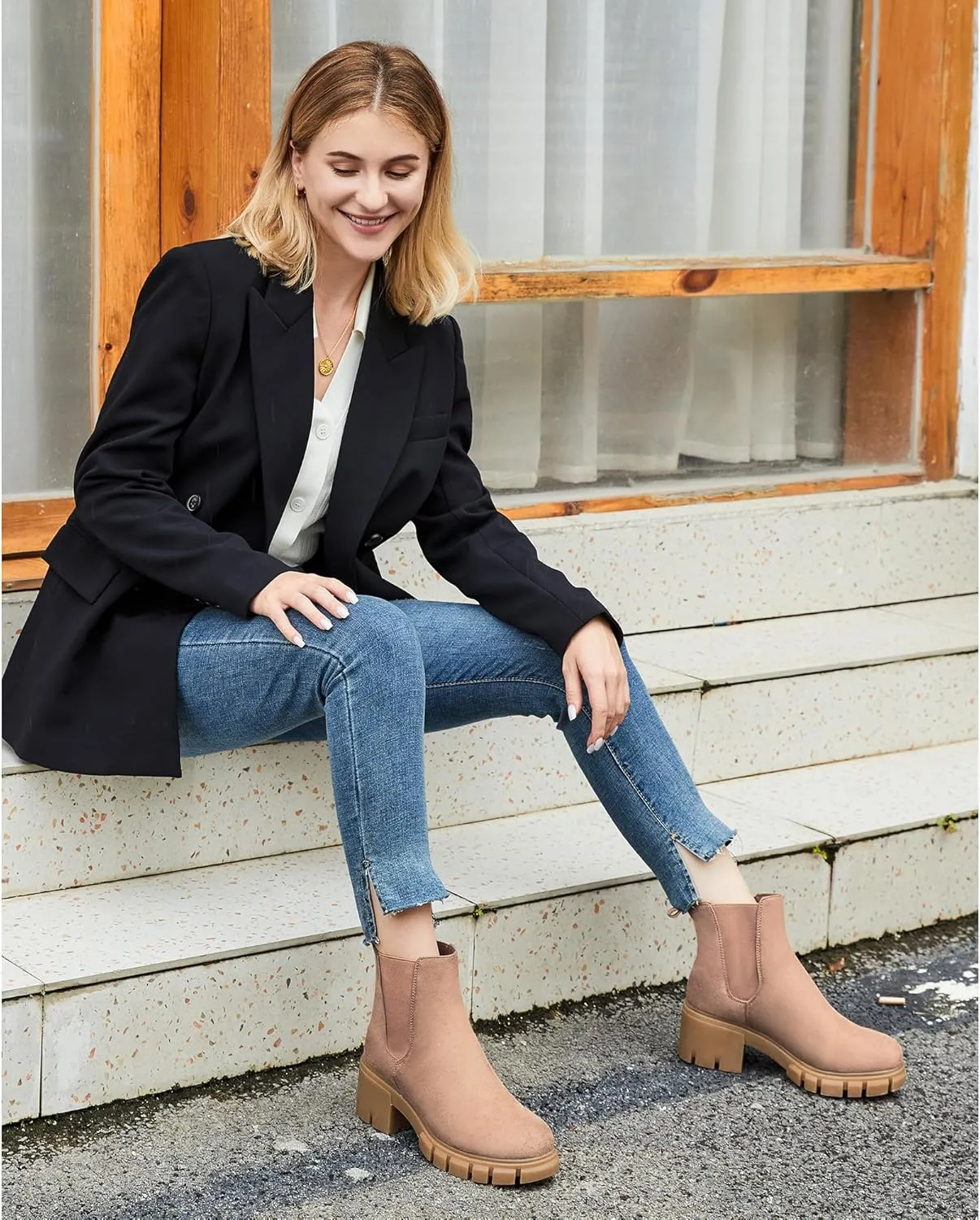starmerx Women Platform Ankle Boots Elastic Chelsea Boots Mid Heel Slip on Booties