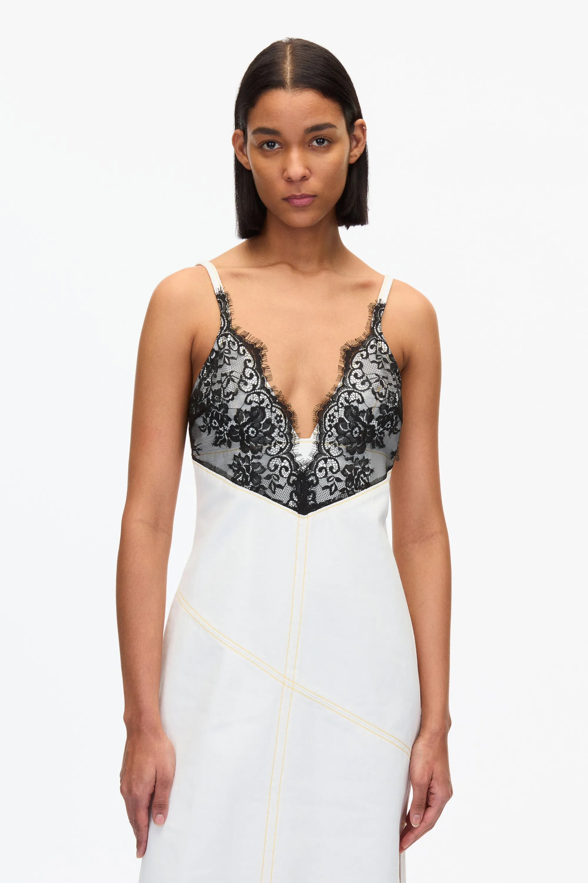 Stonewashed Denim Slip Dress With Lace