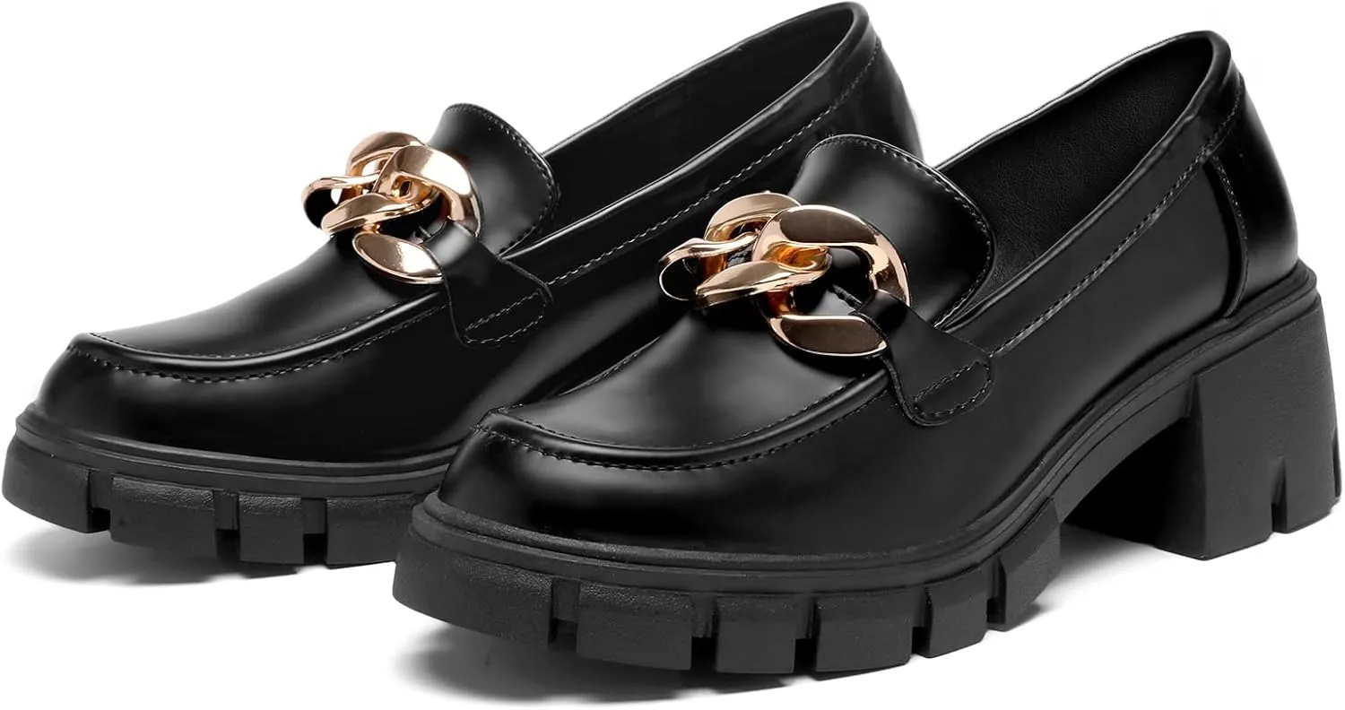 STUNAHOME Women's Platform Loafers with Chain Fashion Round Toe Slip On Chunky Heel Lug Sole Loafers Shoes Penny Casual Business Shoes