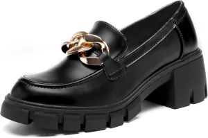 STUNAHOME Women's Platform Loafers with Chain Fashion Round Toe Slip On Chunky Heel Lug Sole Loafers Shoes Penny Casual Business Shoes