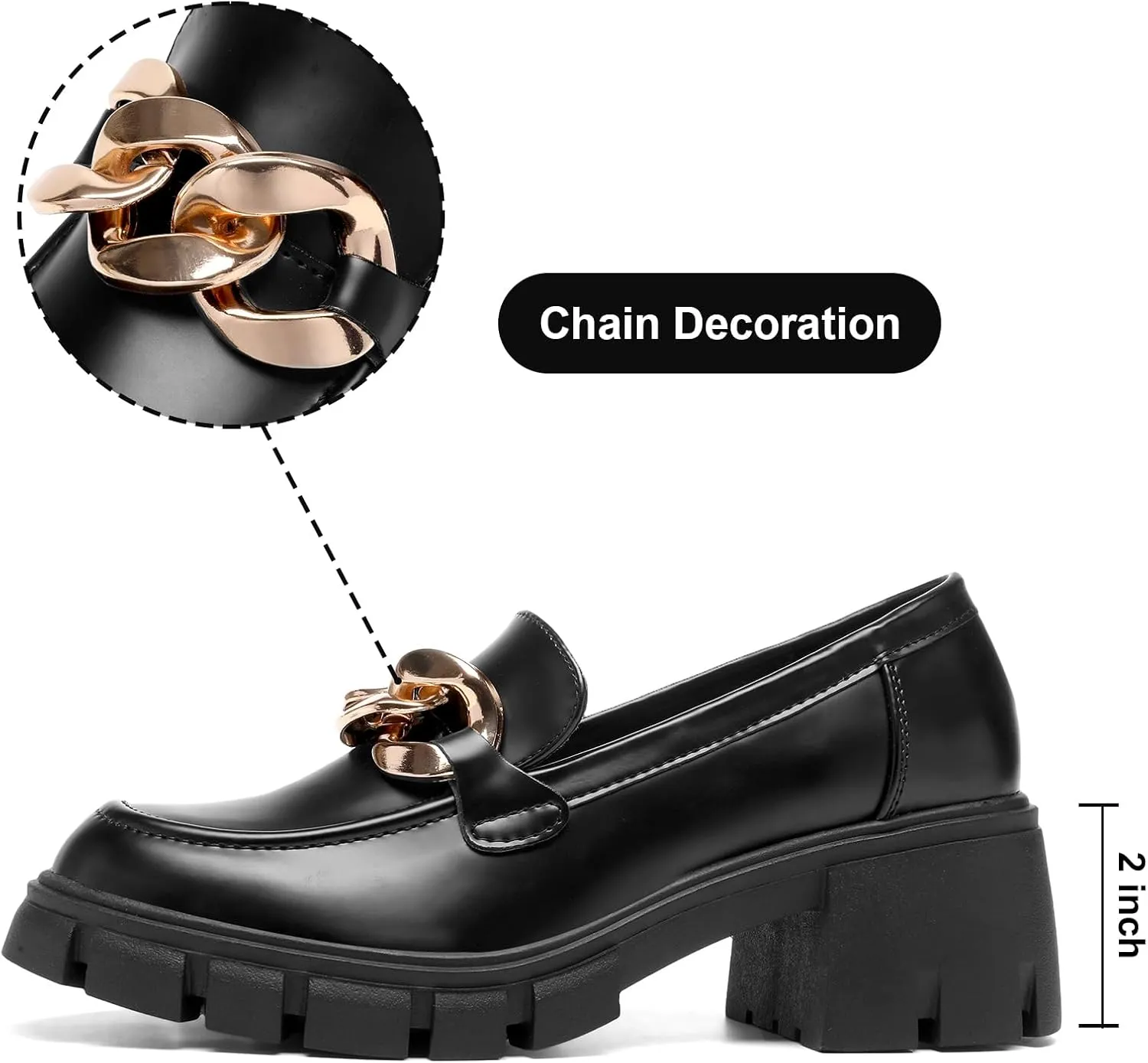 STUNAHOME Women's Platform Loafers with Chain Fashion Round Toe Slip On Chunky Heel Lug Sole Loafers Shoes Penny Casual Business Shoes