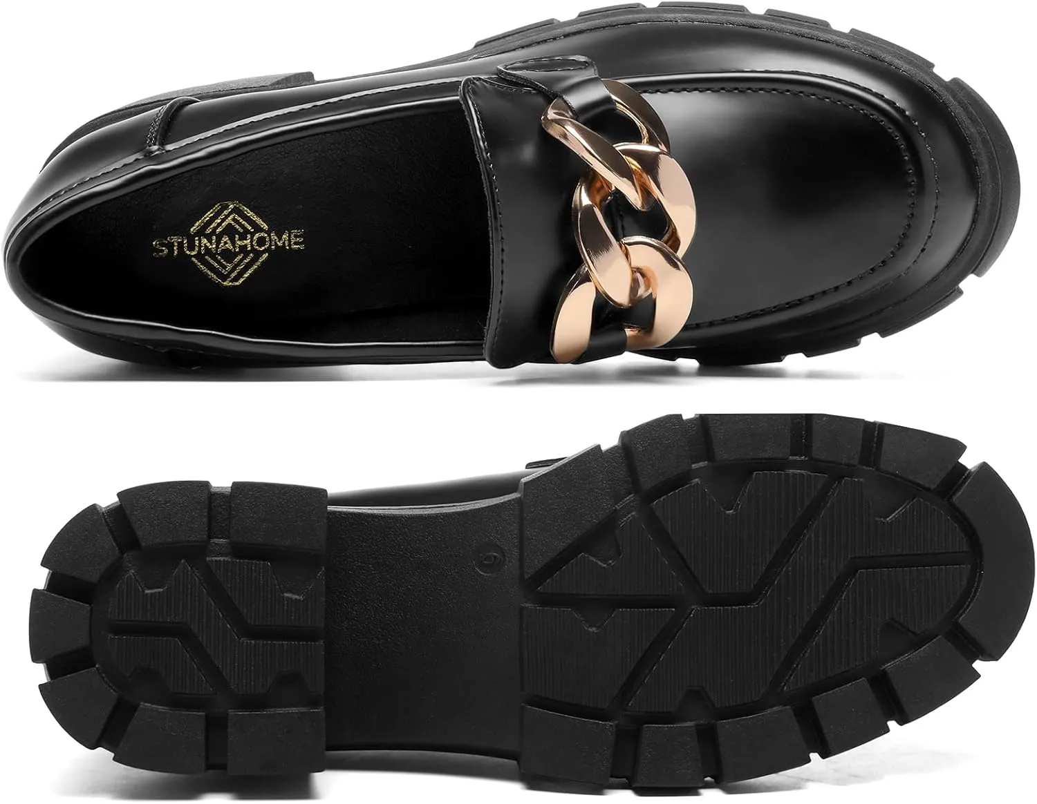 STUNAHOME Women's Platform Loafers with Chain Fashion Round Toe Slip On Chunky Heel Lug Sole Loafers Shoes Penny Casual Business Shoes