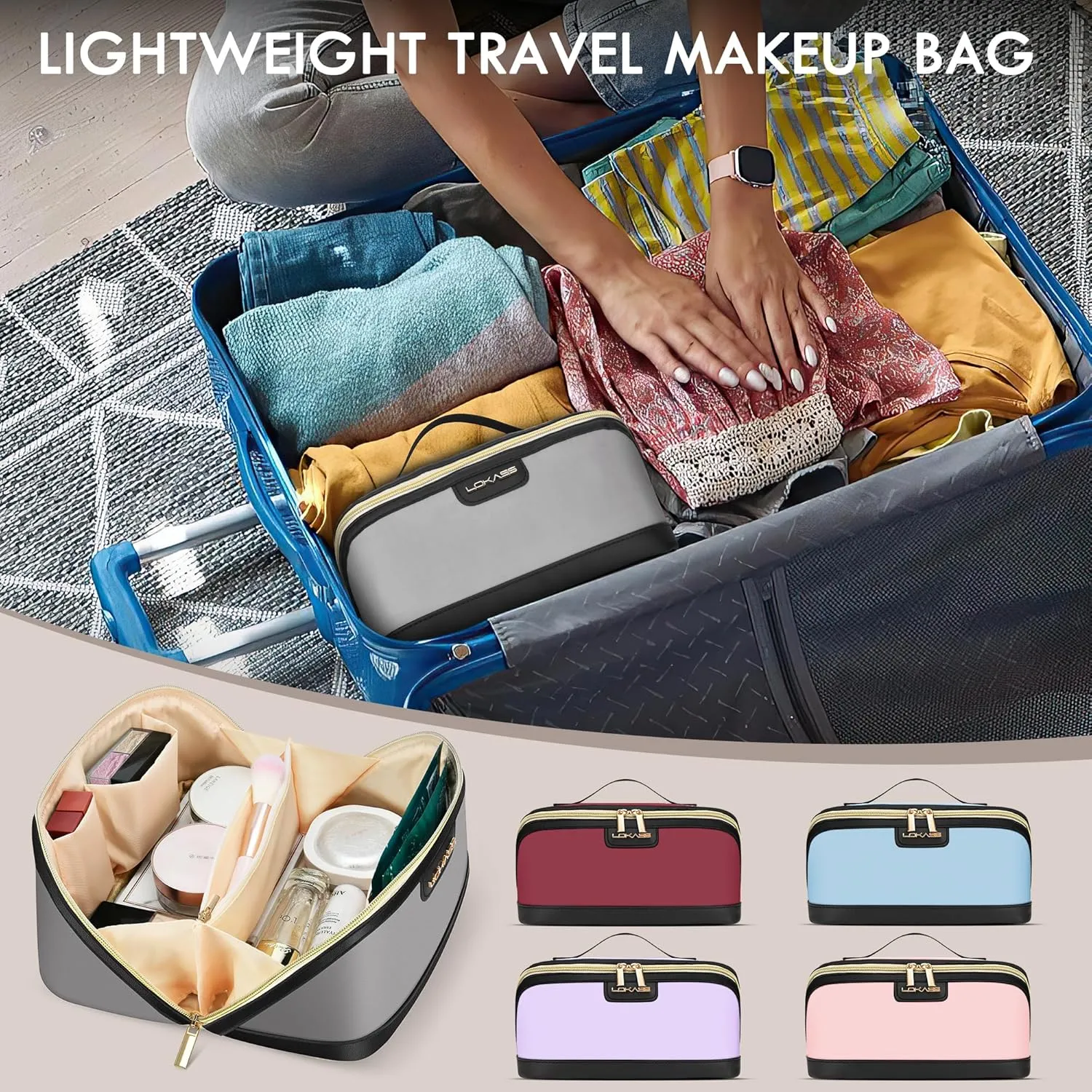 Stylish Travel Makeup Bag for Women - Large Capacity Waterproof PU & Cosmetic Organizer with Divider and Handle, Open Flat Toiletry Bag, Spring Break Essentials & Travel Accessories - Light Blue