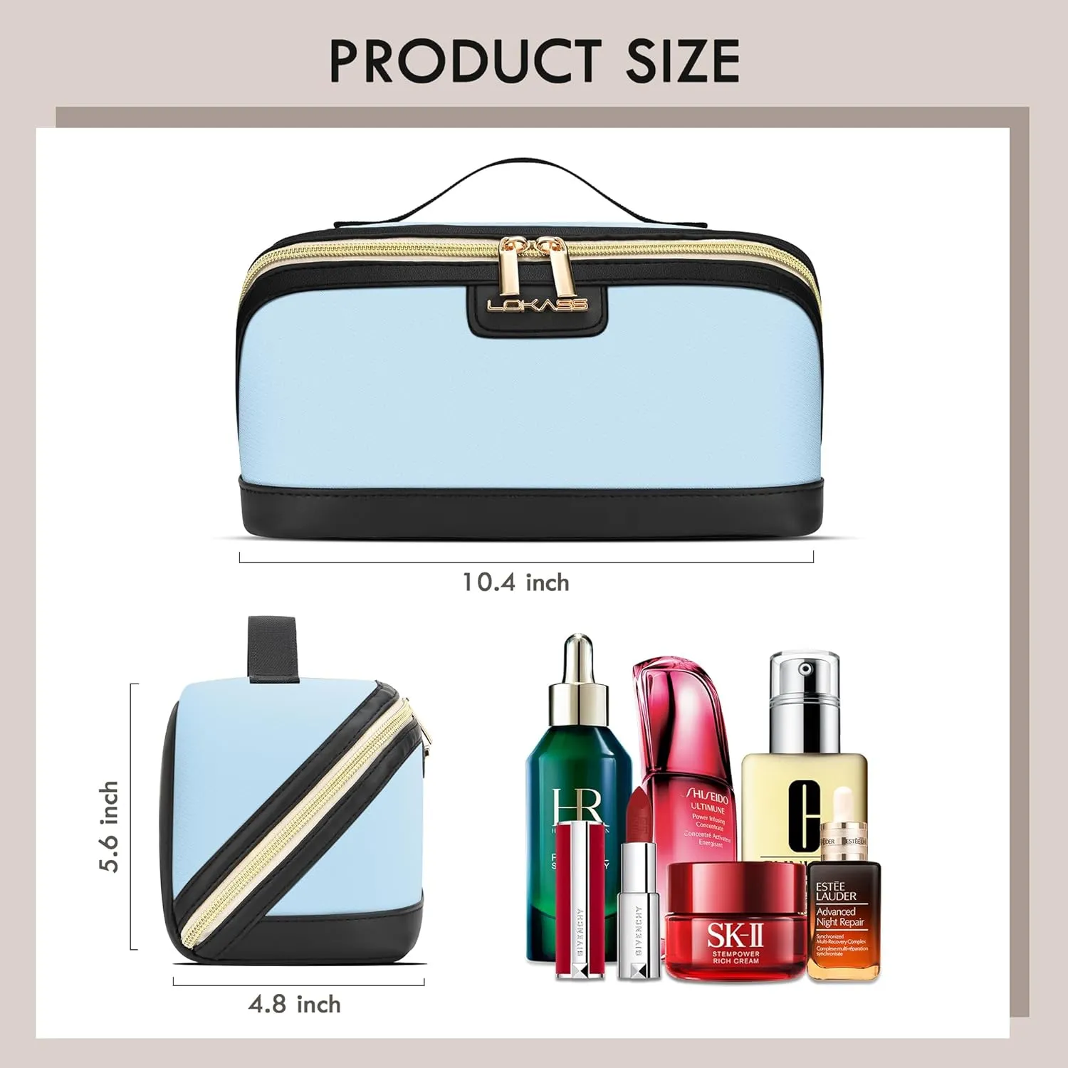 Stylish Travel Makeup Bag for Women - Large Capacity Waterproof PU & Cosmetic Organizer with Divider and Handle, Open Flat Toiletry Bag, Spring Break Essentials & Travel Accessories - Light Blue