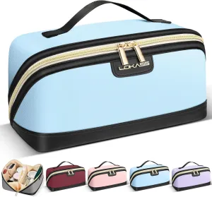 Stylish Travel Makeup Bag for Women - Large Capacity Waterproof PU & Cosmetic Organizer with Divider and Handle, Open Flat Toiletry Bag, Spring Break Essentials & Travel Accessories - Light Blue