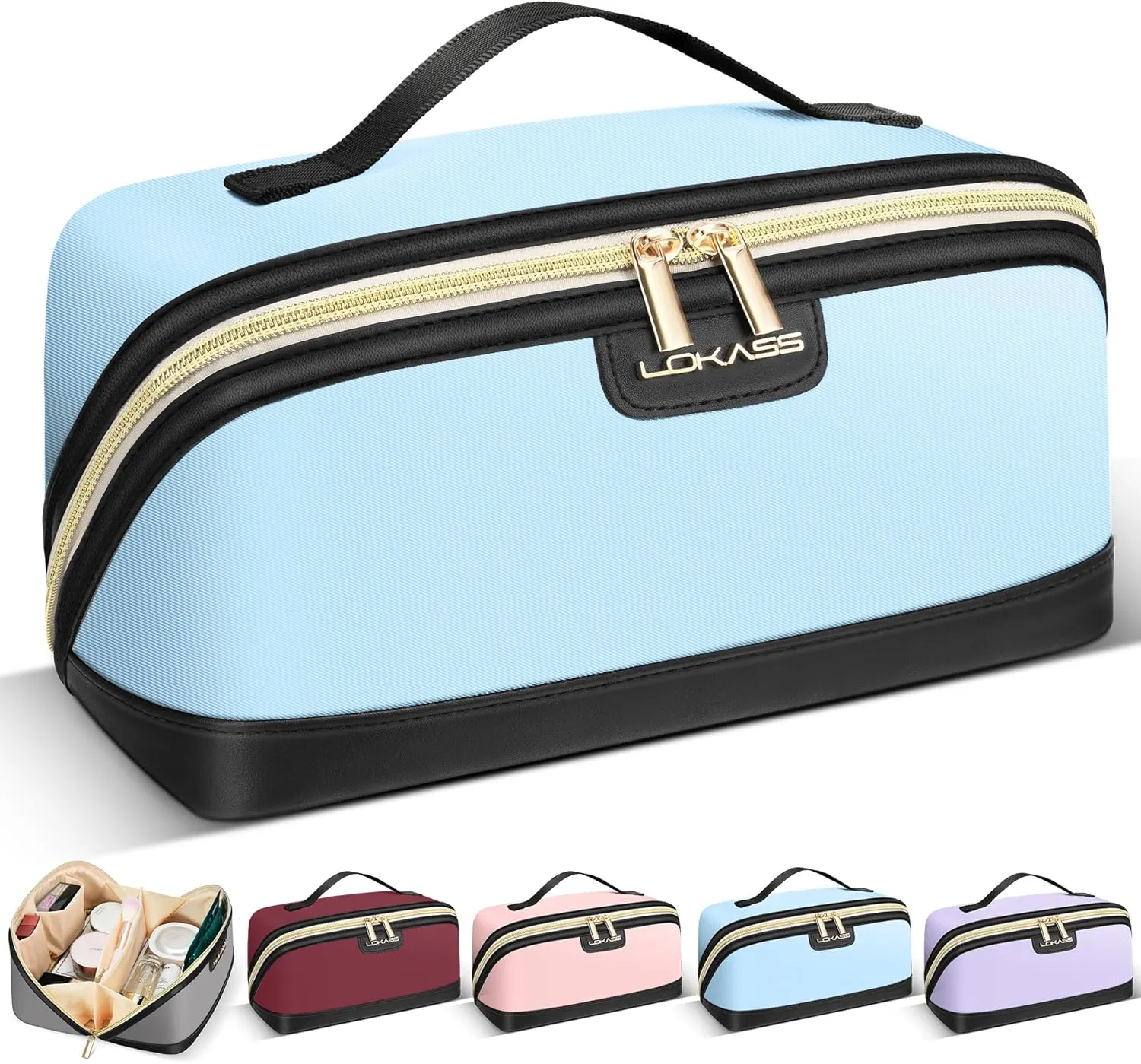 Stylish Travel Makeup Bag for Women - Large Capacity Waterproof PU & Cosmetic Organizer with Divider and Handle, Open Flat Toiletry Bag, Spring Break Essentials & Travel Accessories - Light Blue
