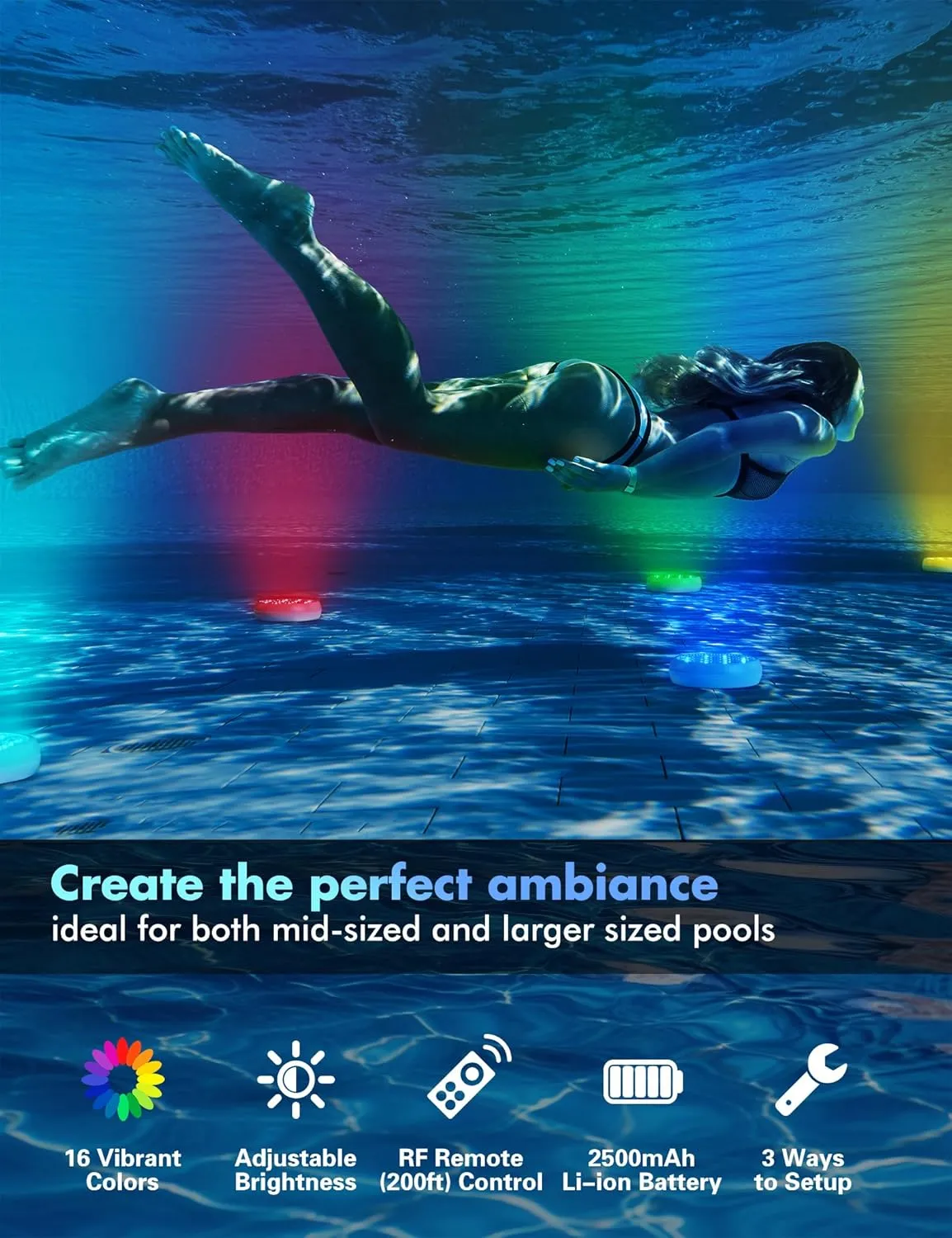 Submersible LED Lights with Remote, Changing Multicolor Underwater Pool Lights, IP68 Waterproof, Built-in Large Capacity Battery, with Magnets, Suction Cups, and Glue, for Hot Tub, Bathtub (6 Pack)