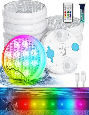 Submersible LED Lights with Remote, Changing Multicolor Underwater Pool Lights, IP68 Waterproof, Built-in Large Capacity Battery, with Magnets, Suction Cups, and Glue, for Hot Tub, Bathtub (6 Pack)