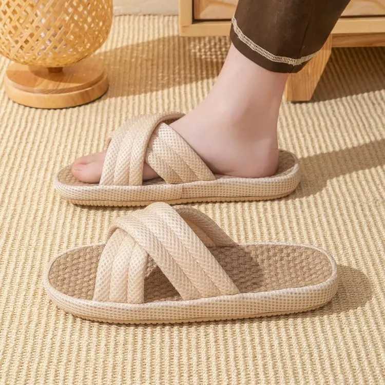 Summer House Slippers for Women Indoor Japanese Linen Slippers Comfort Cross Strap Open Toe House Shoes for Guests