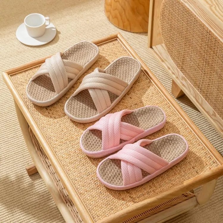 Summer House Slippers for Women Indoor Japanese Linen Slippers Comfort Cross Strap Open Toe House Shoes for Guests