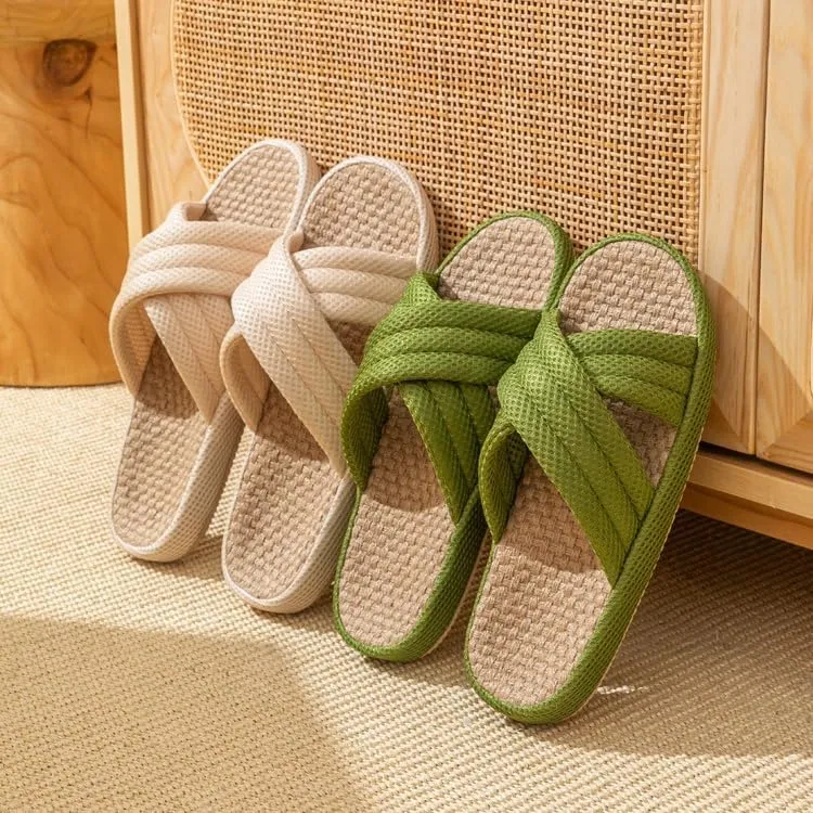 Summer House Slippers for Women Indoor Japanese Linen Slippers Comfort Cross Strap Open Toe House Shoes for Guests