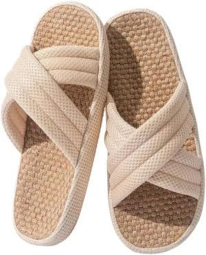 Summer House Slippers for Women Indoor Japanese Linen Slippers Comfort Cross Strap Open Toe House Shoes for Guests