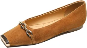 TinaCus Soft Suede Leather Handmade Metal Chain Stylish Cap Toe Women's Slip On Flat Shoes