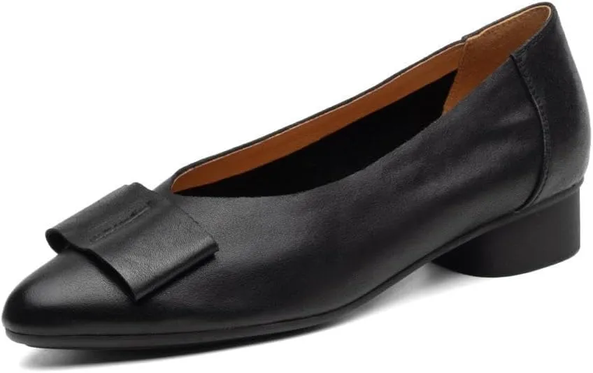 TinaCus Women's Soft Leather Round Toe Bowknot Slip-on Chunky Heel Casual Loafers Shoes