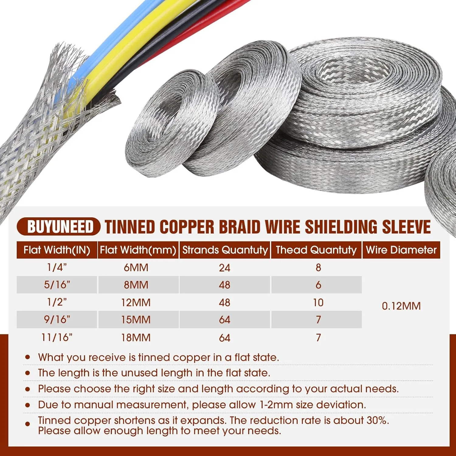 Tinned Copper Grounding Braid Straps Shielding Wire Sheathing Cable Sleeve Metal Flat Mesh Flexible Expandable (1/2 in Wide(0.32 in Dia)-15ft)