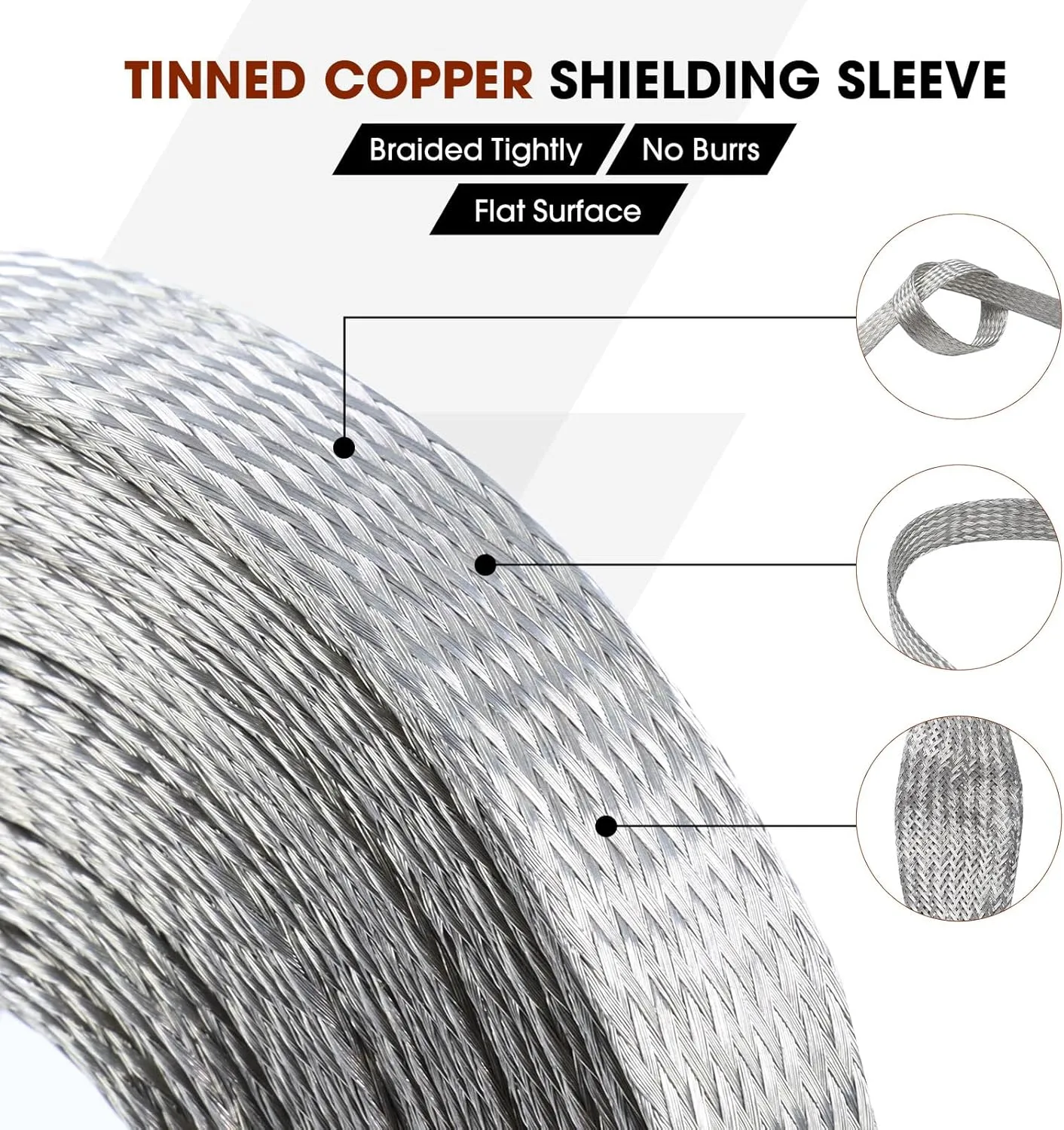 Tinned Copper Grounding Braid Straps Shielding Wire Sheathing Cable Sleeve Metal Flat Mesh Flexible Expandable (1/2 in Wide(0.32 in Dia)-15ft)