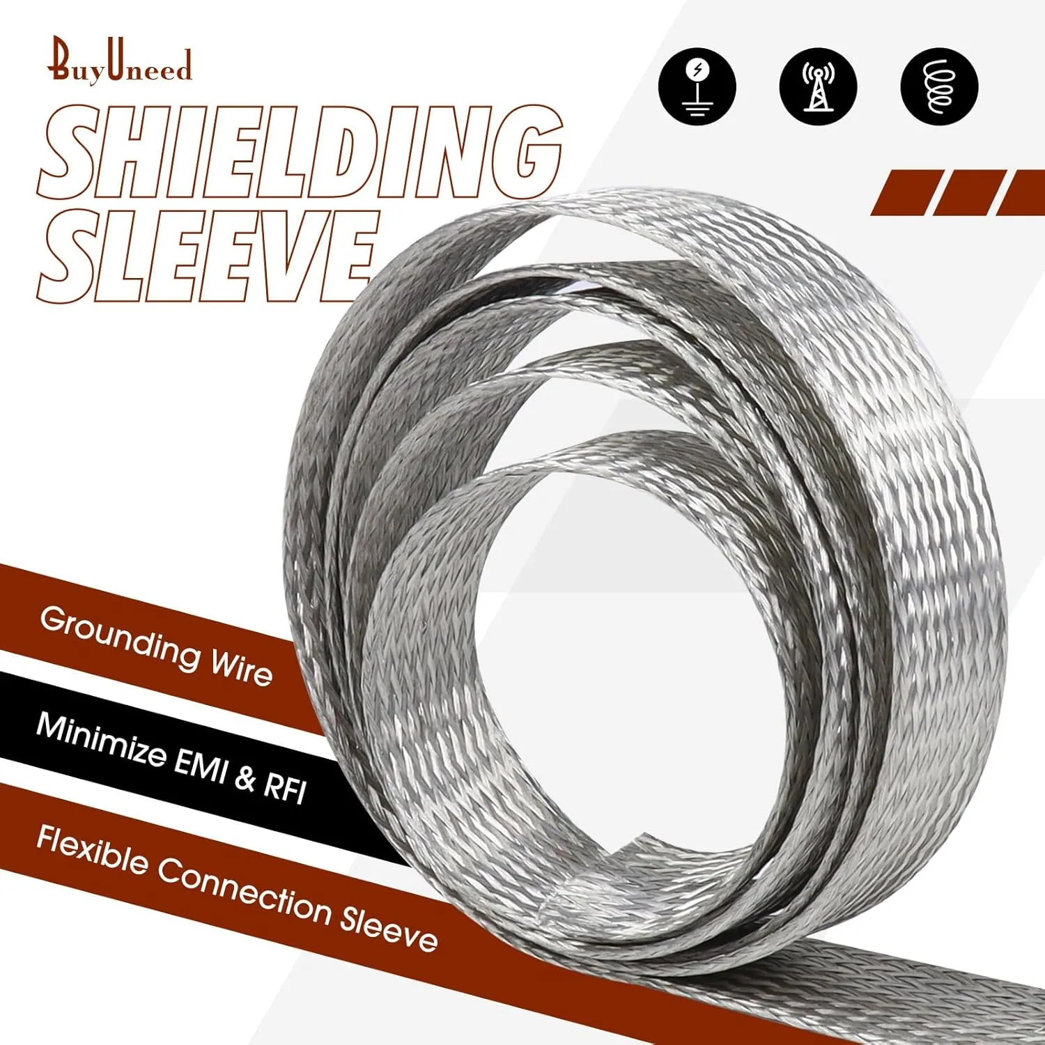 Tinned Copper Grounding Braid Straps Shielding Wire Sheathing Cable Sleeve Metal Flat Mesh Flexible Expandable (1/2 in Wide(0.32 in Dia)-15ft)