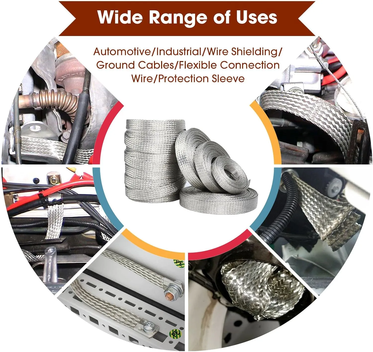 Tinned Copper Grounding Braid Straps Shielding Wire Sheathing Cable Sleeve Metal Flat Mesh Flexible Expandable (1/2 in Wide(0.32 in Dia)-15ft)