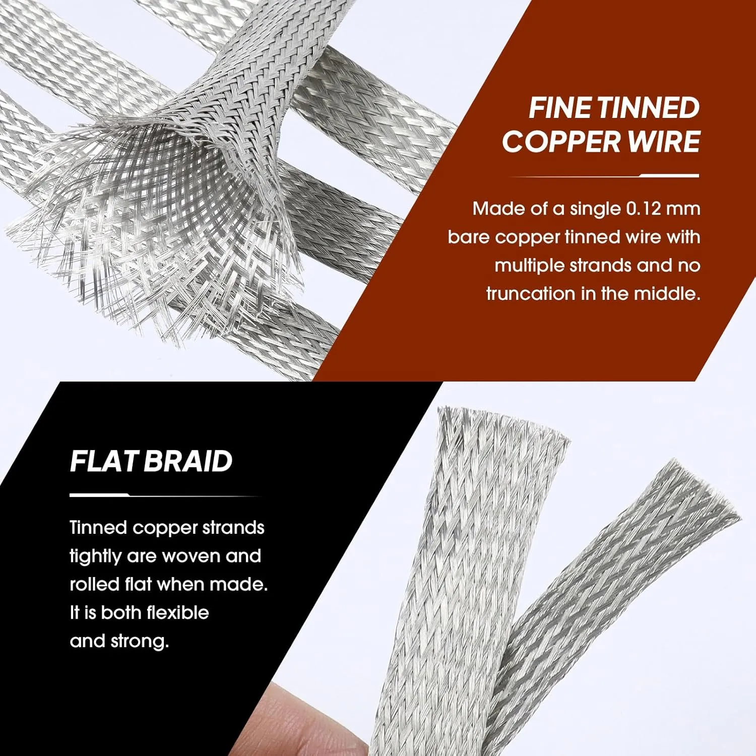 Tinned Copper Grounding Braid Straps Shielding Wire Sheathing Cable Sleeve Metal Flat Mesh Flexible Expandable (1/2 in Wide(0.32 in Dia)-15ft)