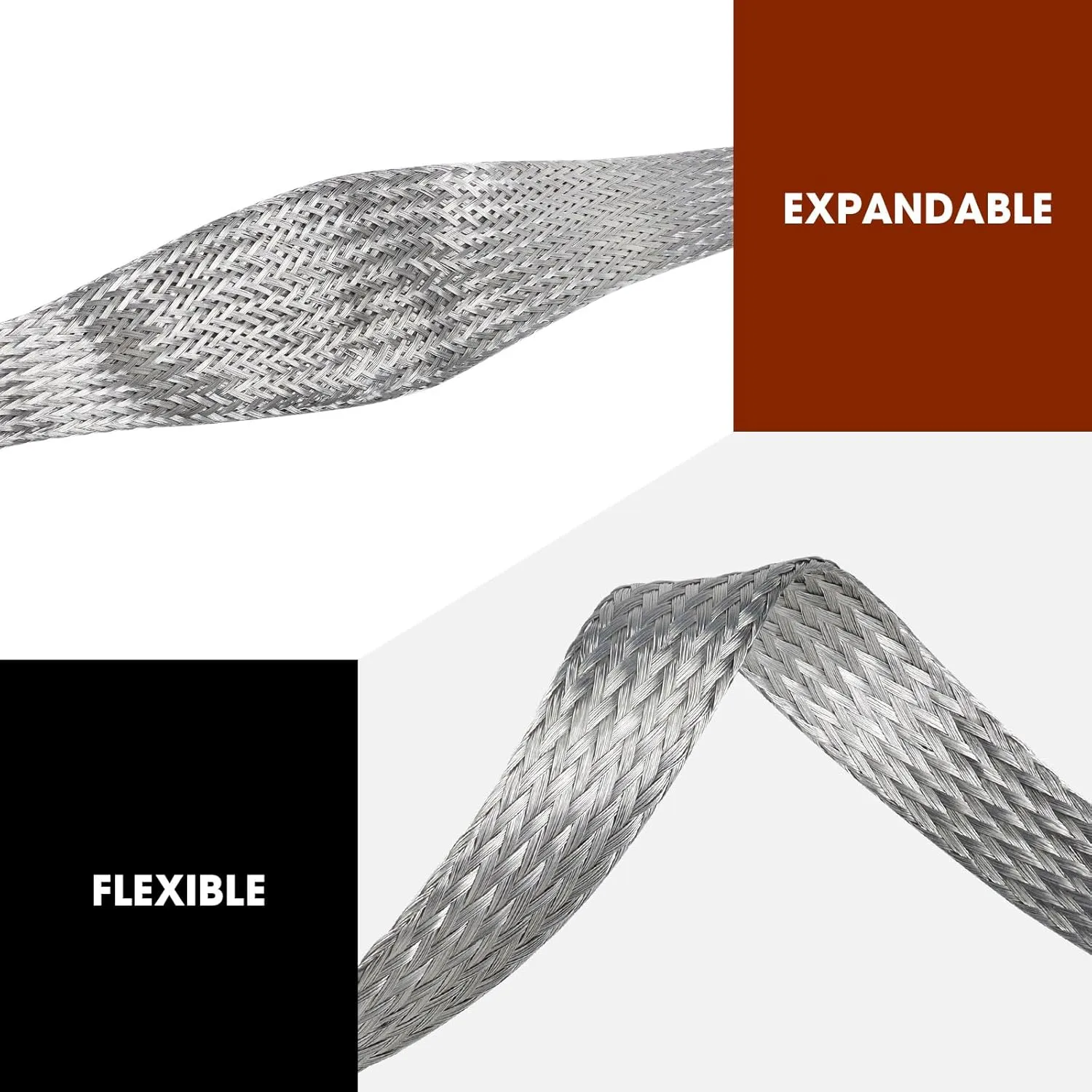 Tinned Copper Grounding Braid Straps Shielding Wire Sheathing Cable Sleeve Metal Flat Mesh Flexible Expandable (1/2 in Wide(0.32 in Dia)-15ft)