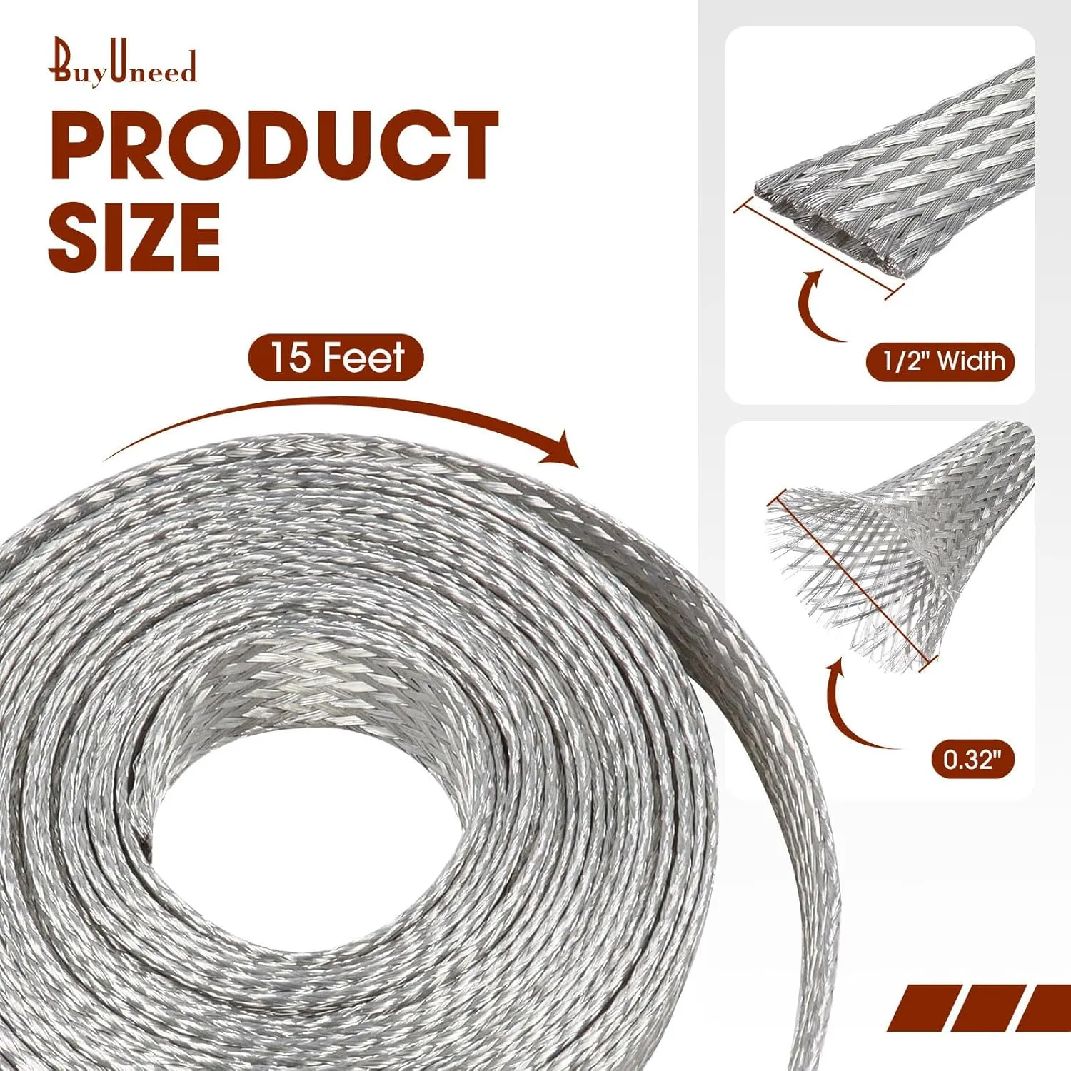 Tinned Copper Grounding Braid Straps Shielding Wire Sheathing Cable Sleeve Metal Flat Mesh Flexible Expandable (1/2 in Wide(0.32 in Dia)-15ft)