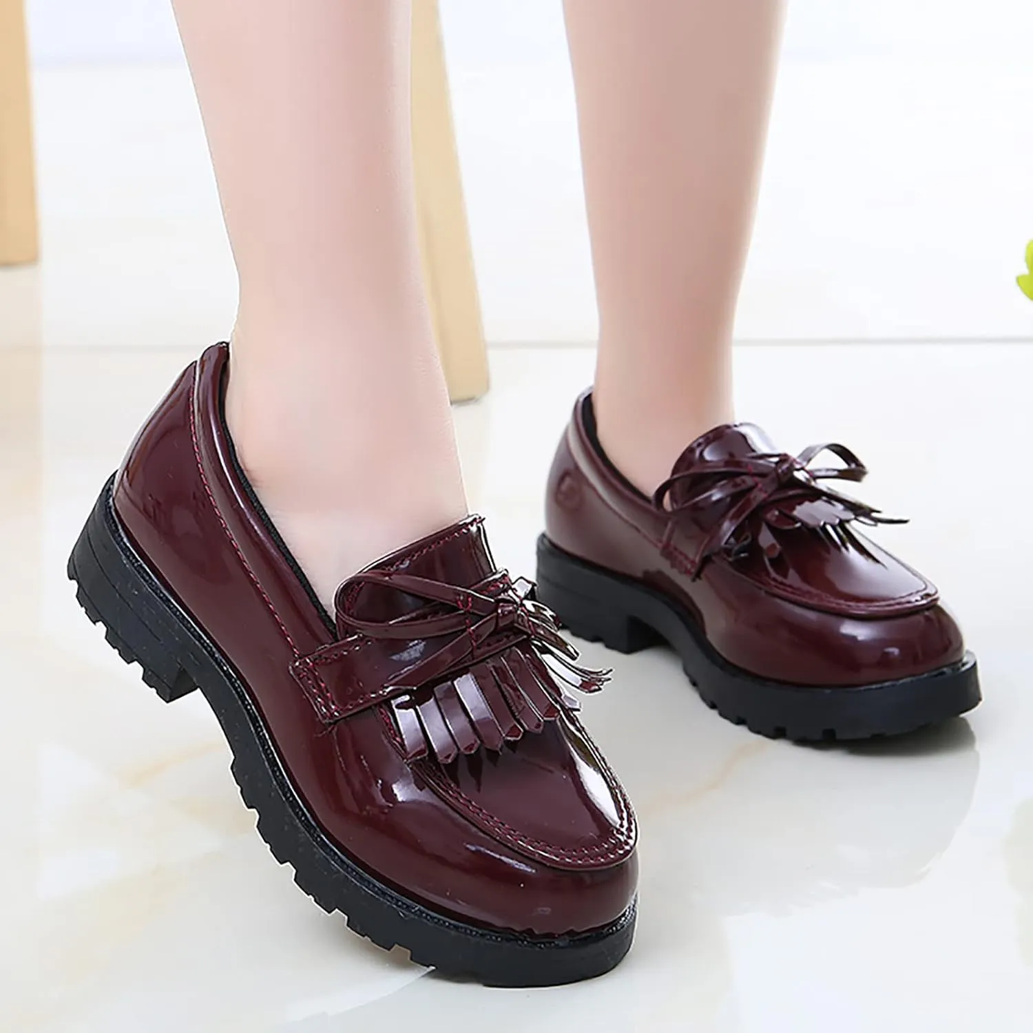 Toddler Boys Girls Leather Sneaker Dress Shoes with Bow School Dance Shoes Loafer High Toe Non Slip Sport Shoes