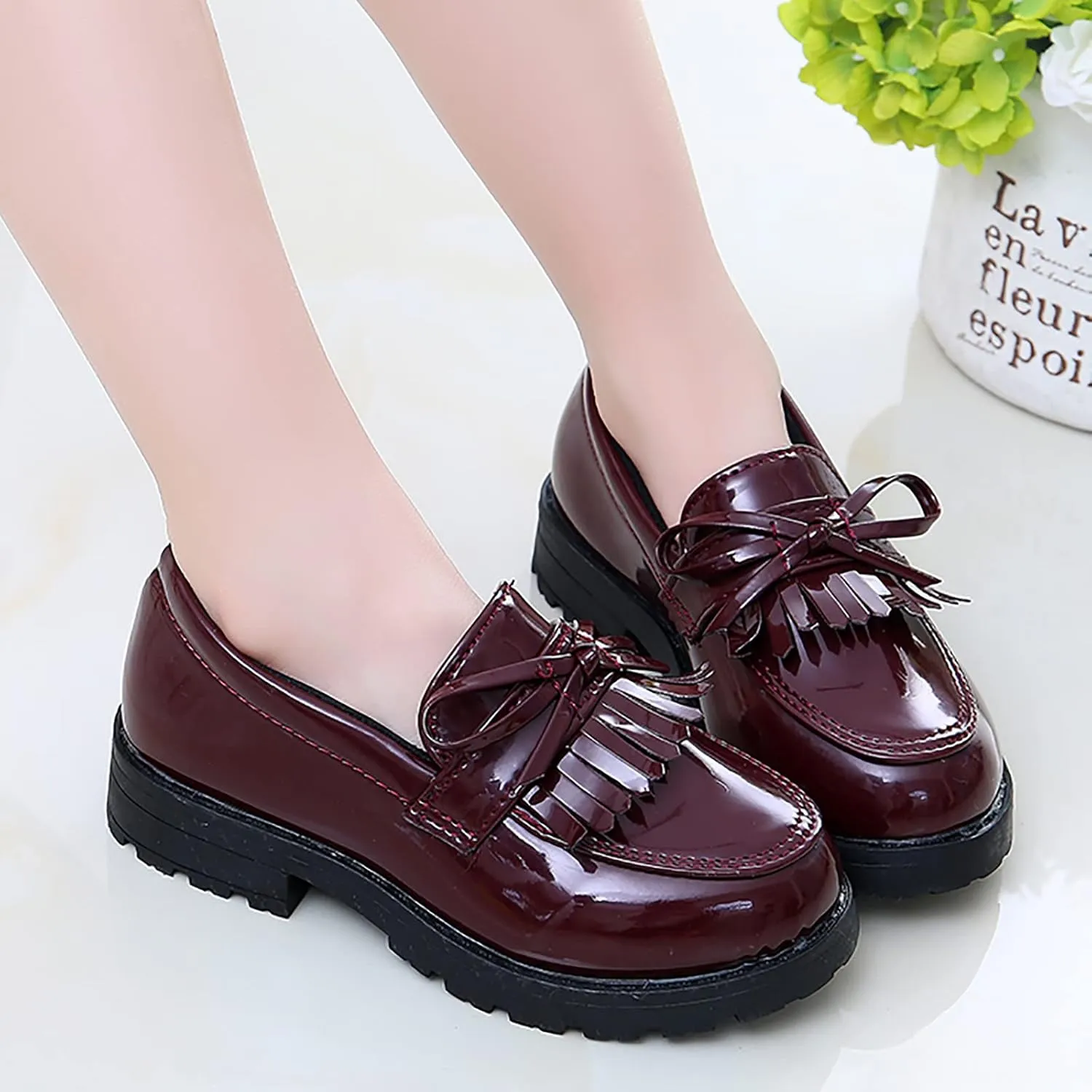 Toddler Boys Girls Leather Sneaker Dress Shoes with Bow School Dance Shoes Loafer High Toe Non Slip Sport Shoes