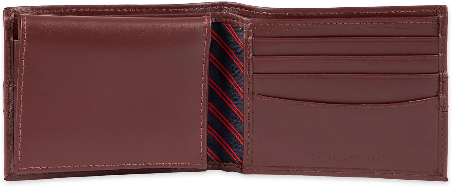 Tommy Hilfiger Men's Leather Wallet – Slim Bifold with 6 Credit Card Pockets and Removable ID Window, Burgundy, One Size