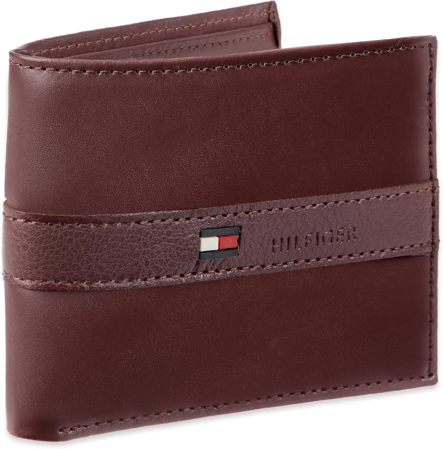 Tommy Hilfiger Men's Leather Wallet – Slim Bifold with 6 Credit Card Pockets and Removable ID Window, Burgundy, One Size