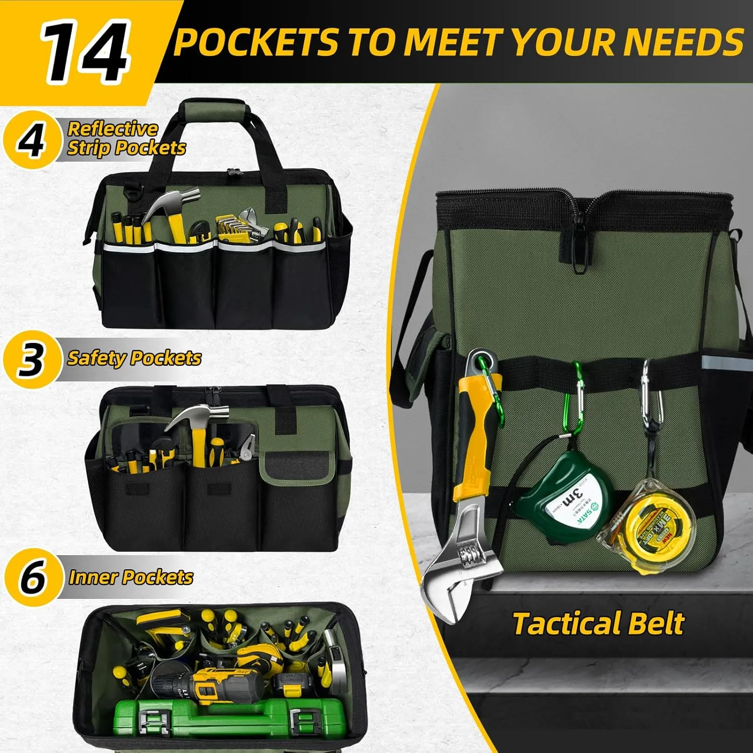 Tool Bag, Portable Tool Box Organizer Adjustable Shoulder Strap, Carry Tool Tote Heavy Duty Tool Storage Bag With Wide Mouth,Tool Bags for Men Mechanic EngineerGift - M, Army Green & Black