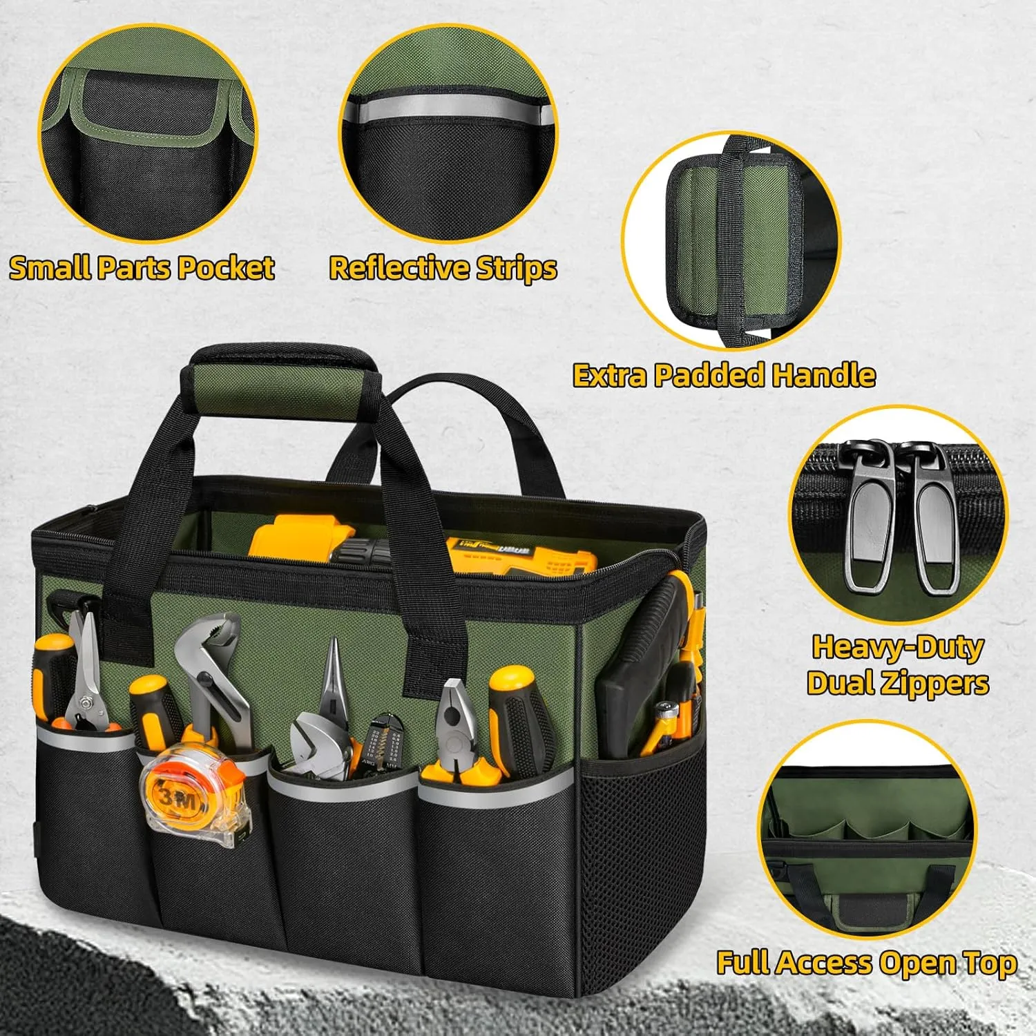 Tool Bag, Portable Tool Box Organizer Adjustable Shoulder Strap, Carry Tool Tote Heavy Duty Tool Storage Bag With Wide Mouth,Tool Bags for Men Mechanic EngineerGift - M, Army Green & Black