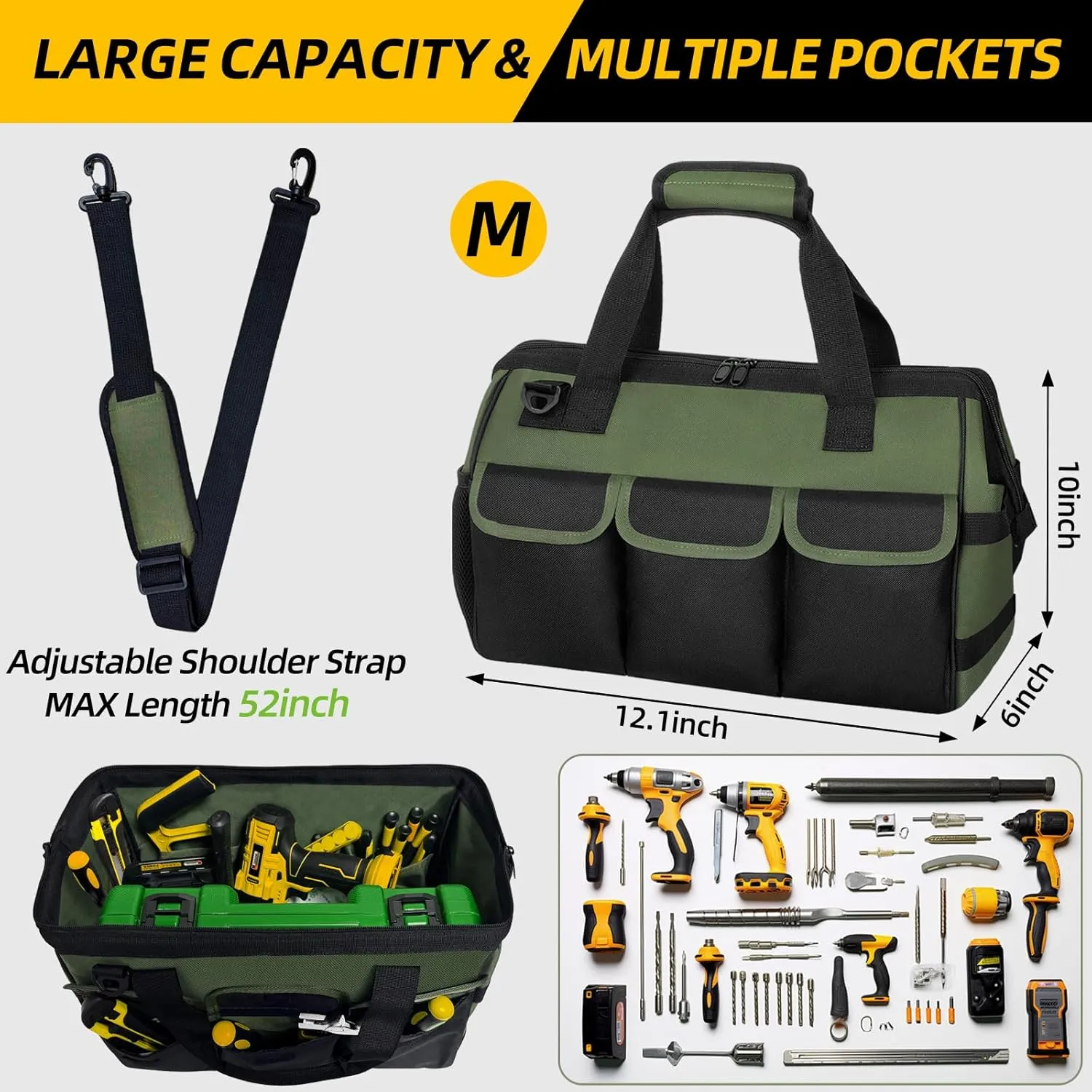 Tool Bag, Portable Tool Box Organizer Adjustable Shoulder Strap, Carry Tool Tote Heavy Duty Tool Storage Bag With Wide Mouth,Tool Bags for Men Mechanic EngineerGift - M, Army Green & Black
