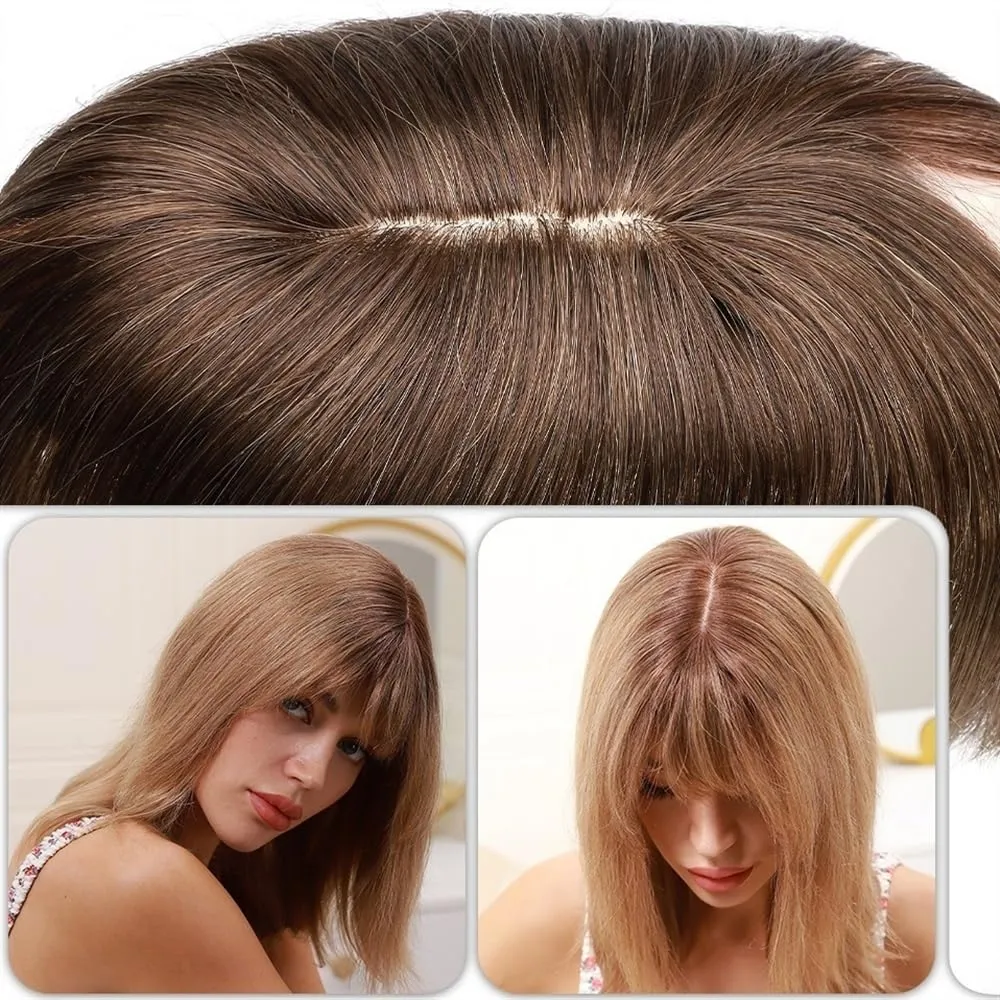 Toppers for Women Hair Toppers for Women 6"-18" Real Human Hair with Bangs, 7x12.5cm Silk Base Clip In Hair Extension 150% Densiny Indian Hair Straight Hair Pieces Hair Toppers(Ash Blonde Bleach Blond