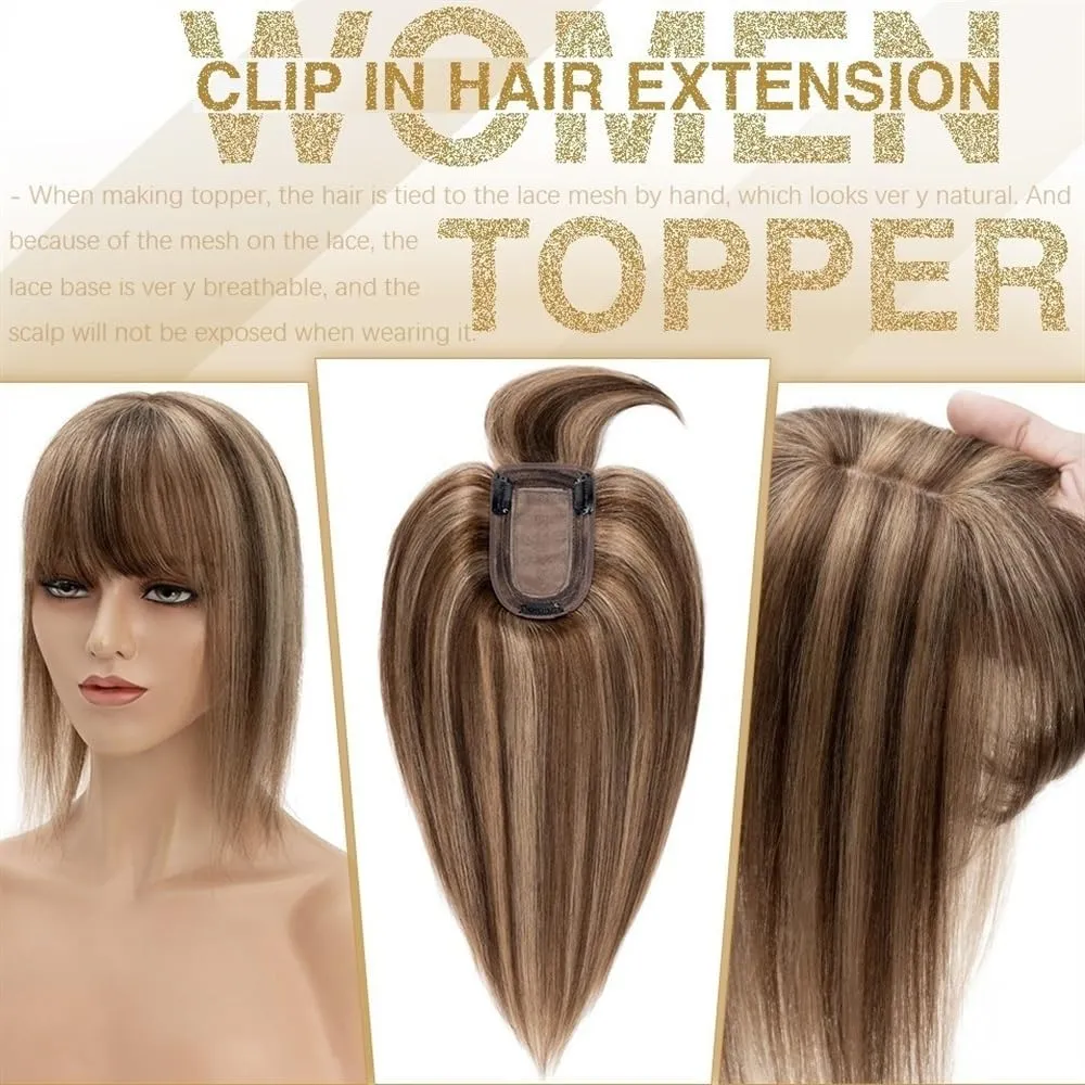 Toppers for Women Hair Toppers for Women 6"-18" Real Human Hair with Bangs, 7x12.5cm Silk Base Clip In Hair Extension 150% Densiny Indian Hair Straight Hair Pieces Hair Toppers(Ash Blonde Bleach Blond