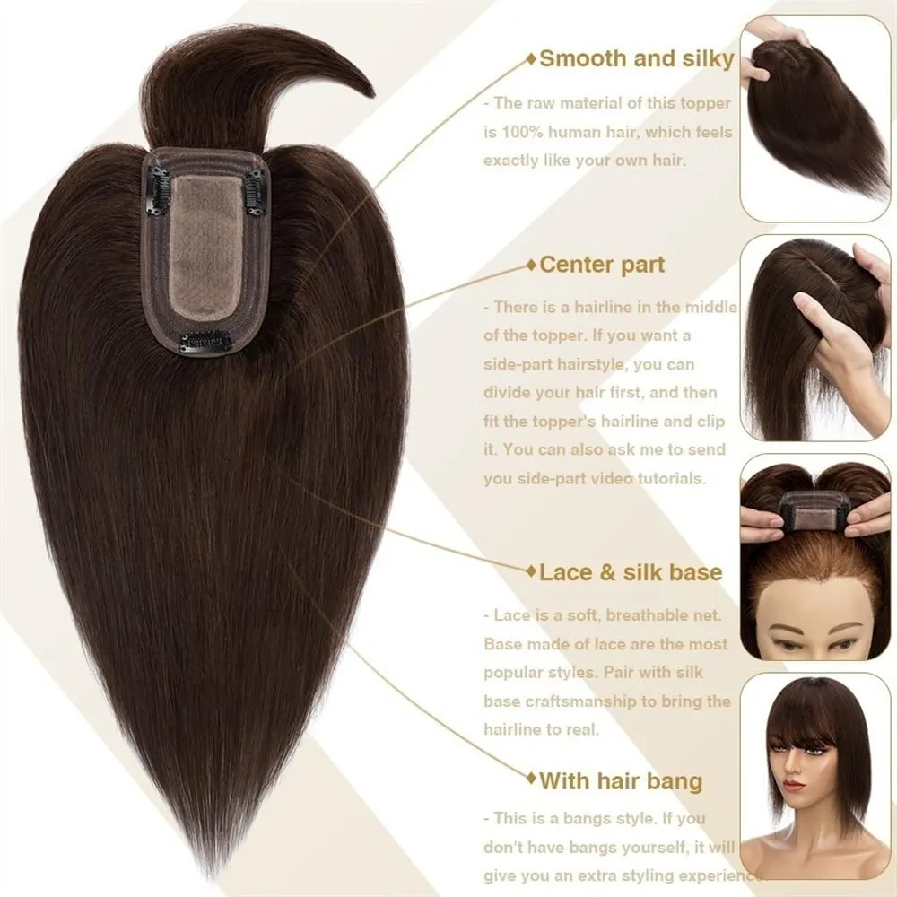 Toppers for Women Hair Toppers for Women 6"-18" Real Human Hair with Bangs, 7x12.5cm Silk Base Clip In Hair Extension 150% Densiny Indian Hair Straight Hair Pieces Hair Toppers(Ash Blonde Bleach Blond