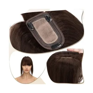 Toppers for Women Hair Toppers for Women 6"-18" Real Human Hair with Bangs, 7x12.5cm Silk Base Clip In Hair Extension 150% Densiny Indian Hair Straight Hair Pieces Hair Toppers(Darkest Brown,14inches)