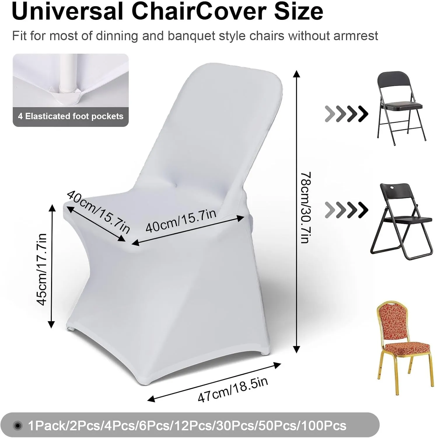 Trlyc Spandex Folding Chair Covers 30 Pcs Universal Fitted Stretchy Dining Chair Slipcovers for Wedding Party Banquet Flat-Front Chair Cover (White)