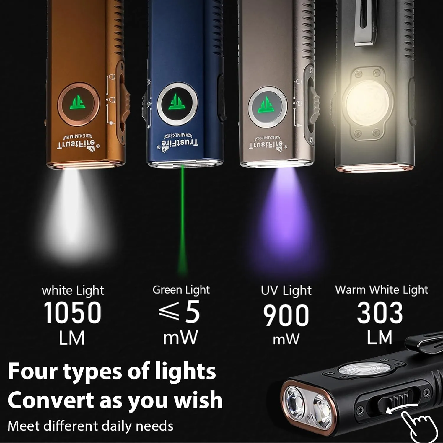 TrustFire Mini X3 Rechargeable EDC Flashlight with White Light, Flood Light, UV and Green Beam, 1050 Lumens Portable Flat Flashlights, Fourfold Light Sources Pocket Lights for Emergency (Gold)