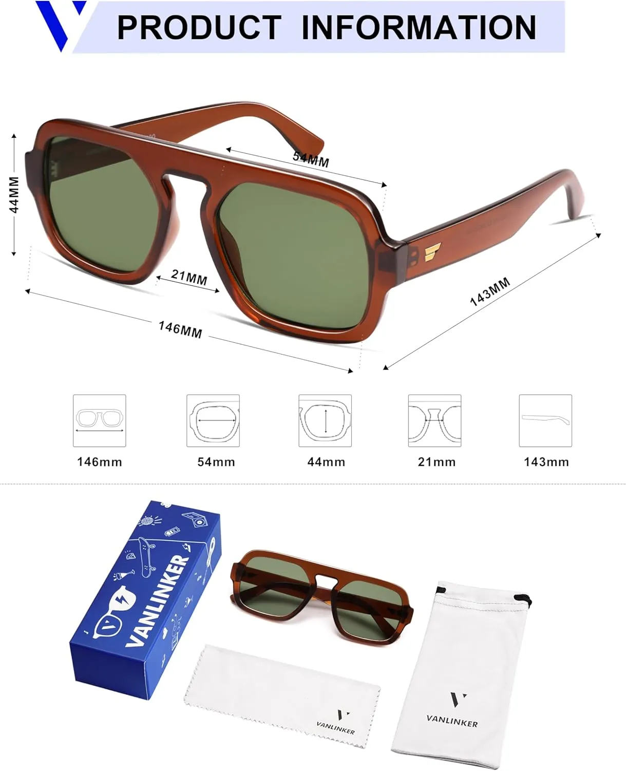 VANLINKER Retro Square Aviator Sunglasses for Women Men 70s Vintage Style Trendy Flat Top Rectangle Sun Glasses VL9826