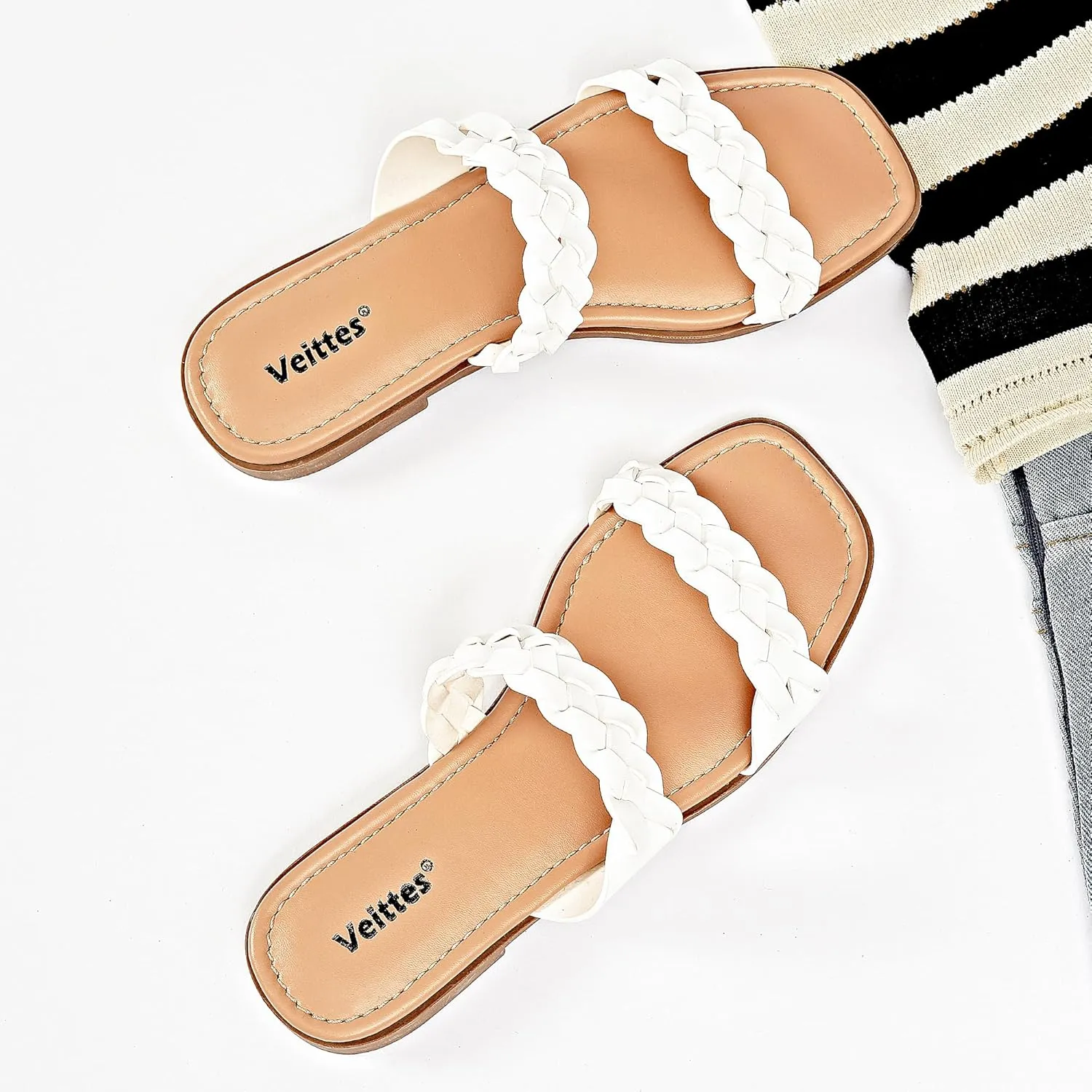 Veittes Women's Flat Slide Sandals-Casual Ladies Flat Summer Sandals.