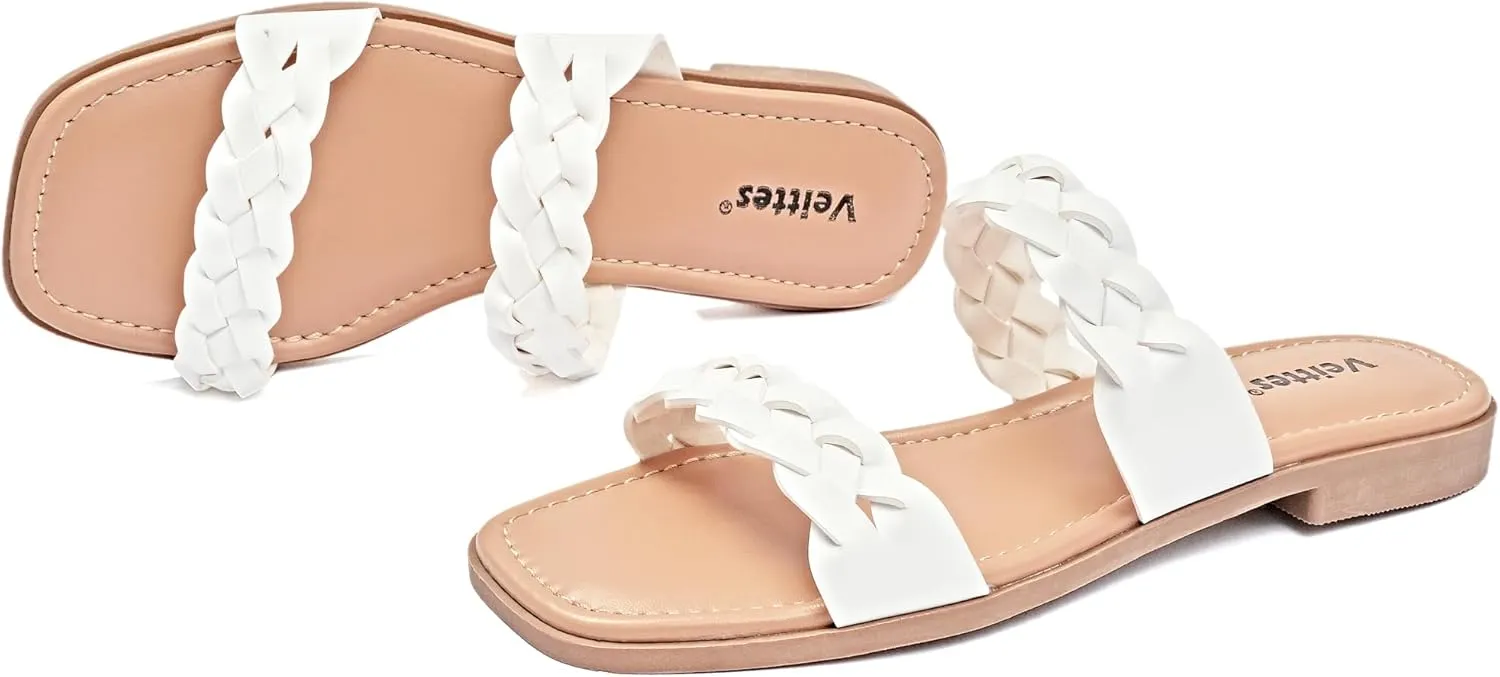 Veittes Women's Flat Slide Sandals-Casual Ladies Flat Summer Sandals.