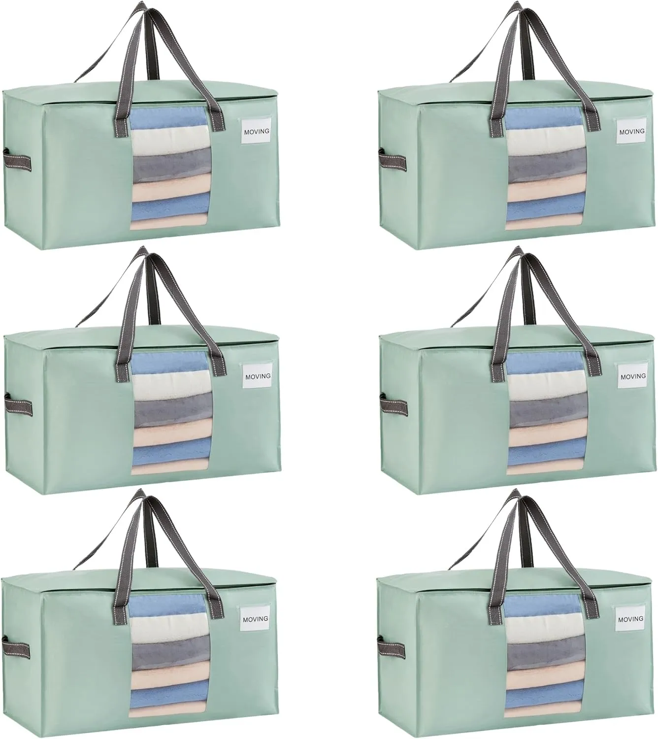 VENO 6 Pack Moving Bags, Comforter and Blanket Storage Bags for Closet, Moving Boxes, Boxes with Lids Alternative, College Dorm Packing Supplies, Foldable Heavy-Duty Tote (Light Green Matte, 6 Pack)