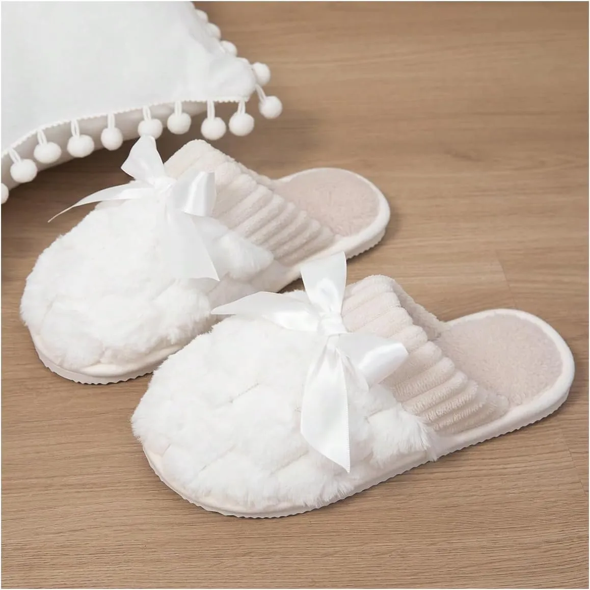 Verdusa Women's Bow Memory Foam Slippers Warm Slip On Faux Fur House Slippers